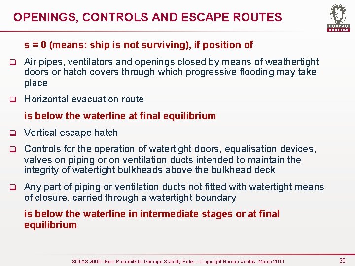 OPENINGS, CONTROLS AND ESCAPE ROUTES s = 0 (means: ship is not surviving), if