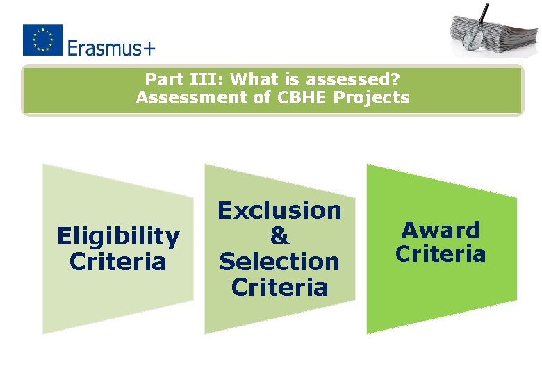 Part III: What is assessed? Assessment of CBHE Projects Eligibility Criteria Exclusion & Selection