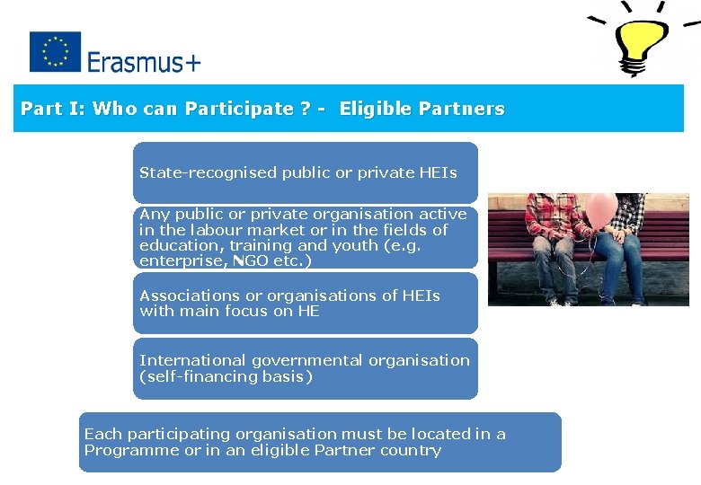 Part I: Who can Participate ? - Eligible Partners State-recognised public or private HEIs