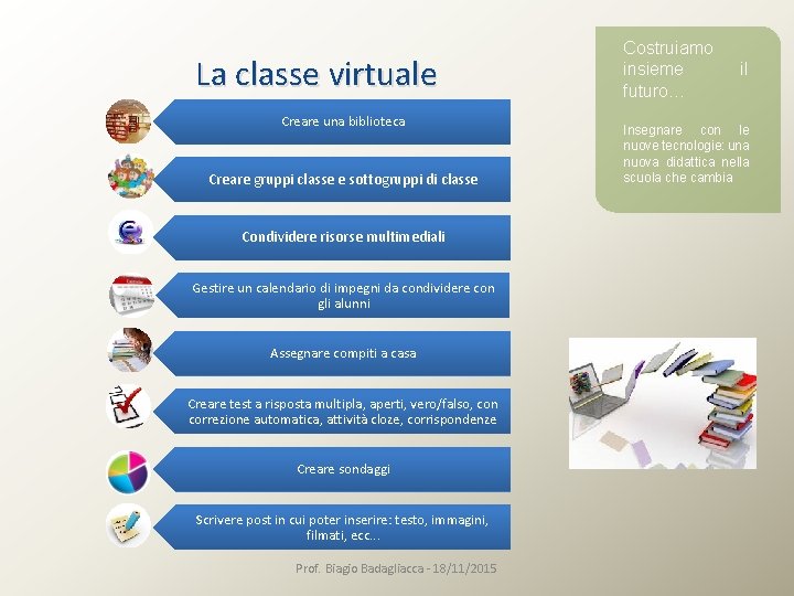 La classe virtuale Creare una biblioteca Creare gruppi classe e sottogruppi di classe Condividere