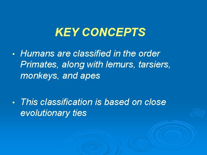 KEY CONCEPTS • Humans are classified in the order Primates, along with lemurs, tarsiers,