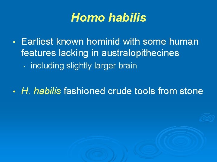 Homo habilis • Earliest known hominid with some human features lacking in australopithecines •