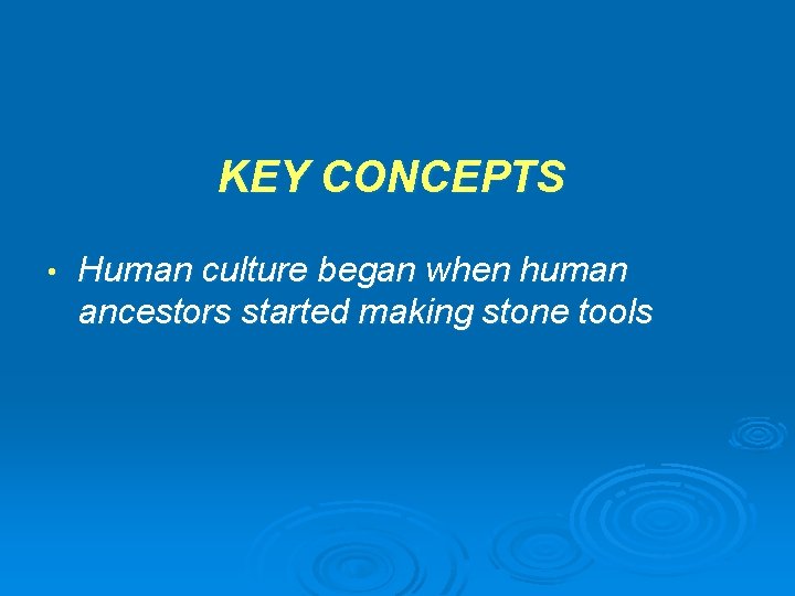 KEY CONCEPTS • Human culture began when human ancestors started making stone tools 