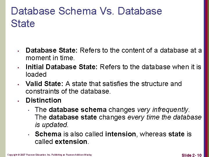 Database Schema Vs. Database State • • Database State: Refers to the content of