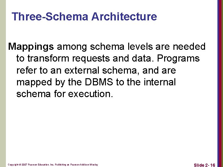 Three-Schema Architecture Mappings among schema levels are needed to transform requests and data. Programs