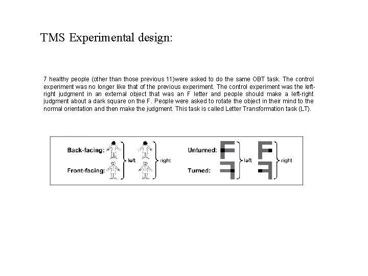 TMS Experimental design: 7 healthy people (other than those previous 11)were asked to do