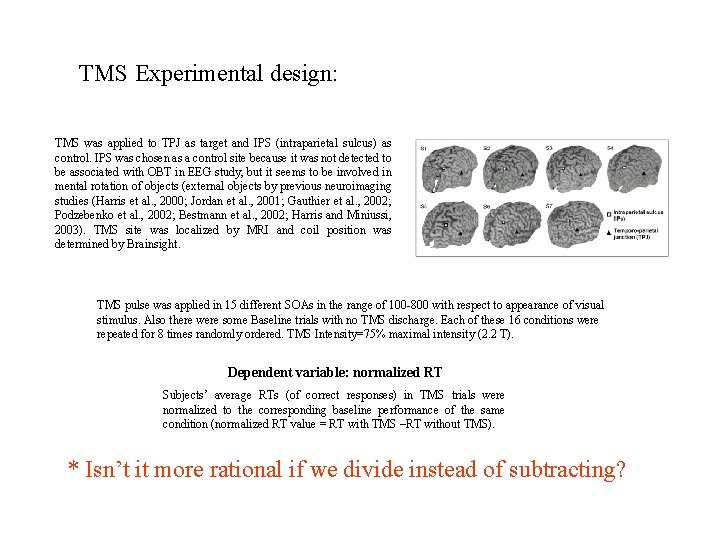 TMS Experimental design: TMS was applied to TPJ as target and IPS (intraparietal sulcus)