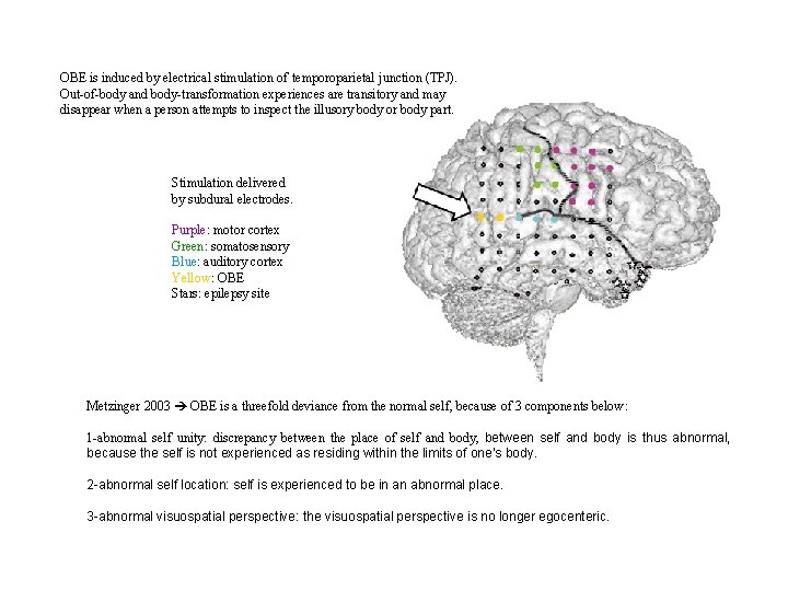 OBE is induced by electrical stimulation of temporoparietal junction (TPJ). Out-of-body and body-transformation experiences