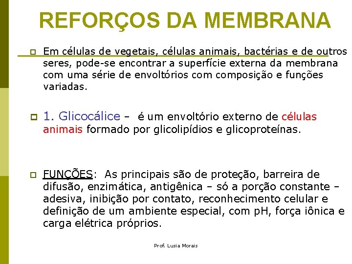 REFORÇOS DA MEMBRANA p Em células de vegetais, células animais, bactérias e de outros REFORÇOS DA MEMBRANA p Em células de vegetais, células animais, bactérias e de outros