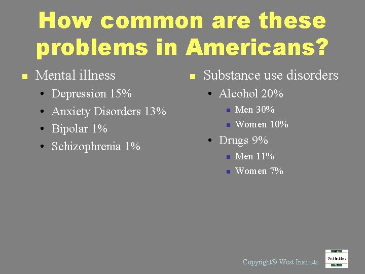 How common are these problems in Americans? n Mental illness • • Depression 15%