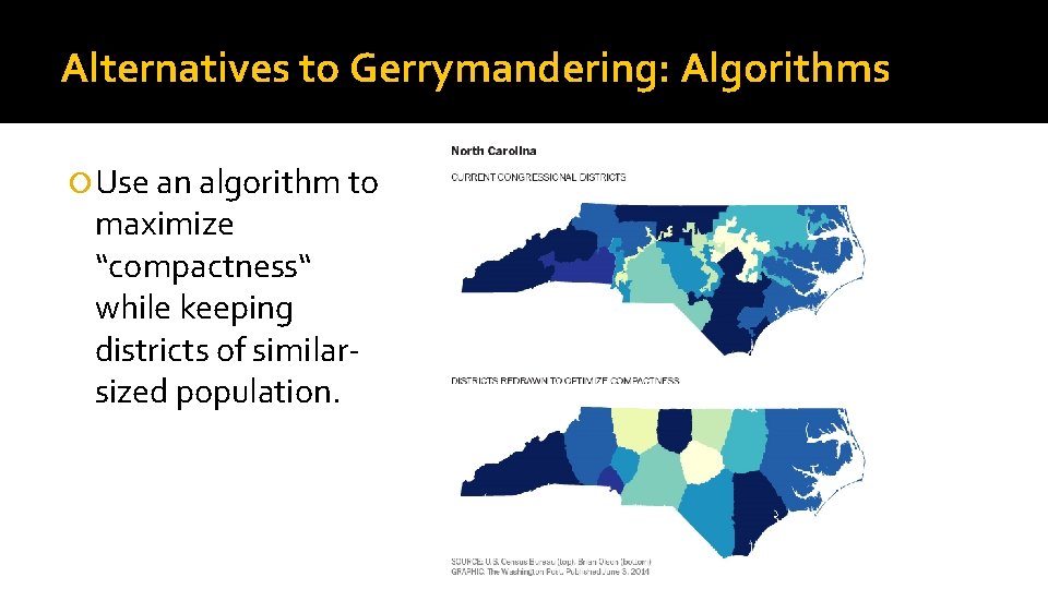 Alternatives to Gerrymandering: Algorithms Use an algorithm to maximize “compactness“ while keeping districts of