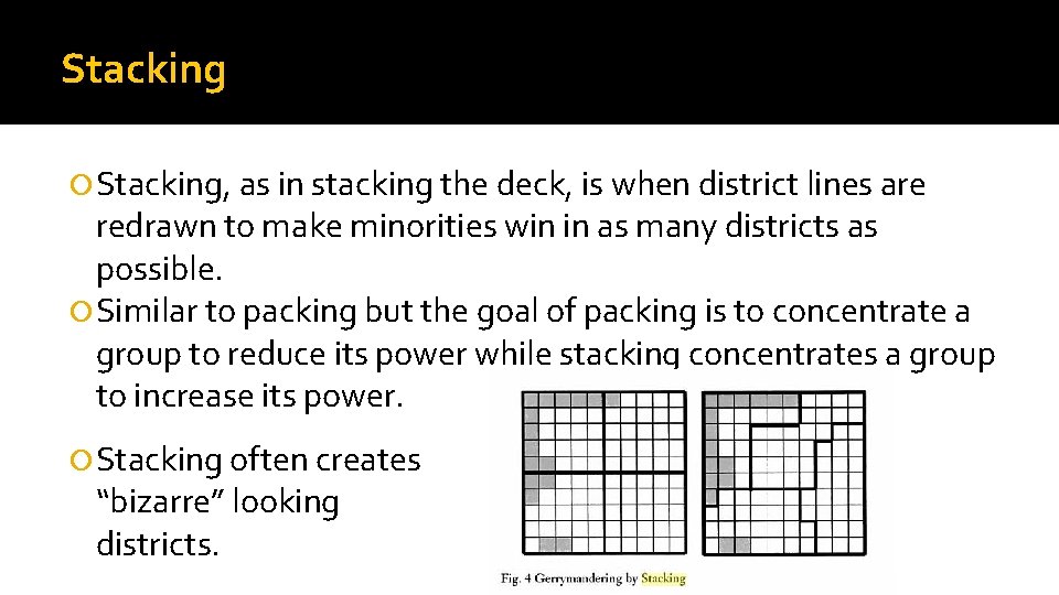 Stacking Stacking, as in stacking the deck, is when district lines are redrawn to