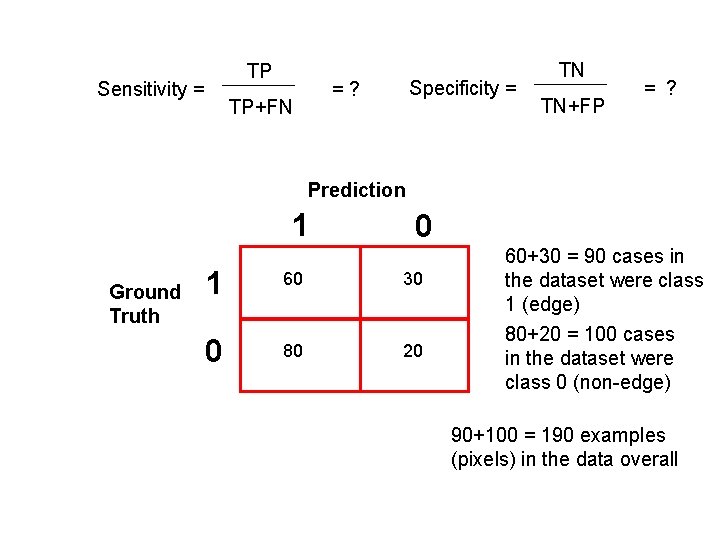 TP Sensitivity = Specificity = =? TP+FN TN TN+FP = ? Prediction 1 Ground