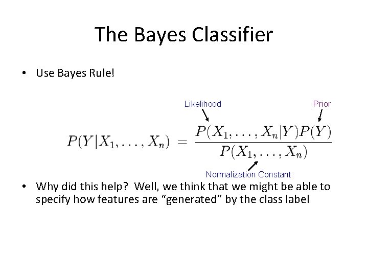 The Bayes Classifier • Use Bayes Rule! Likelihood Normalization Constant Prior • Why did