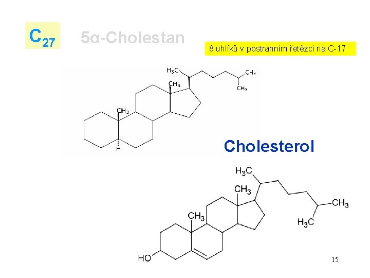 C 27 5α-Cholestan 8 uhlíků v postranním řetězci na C-17 Cholesterol 15 