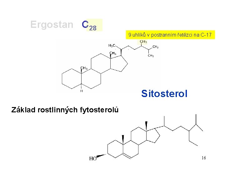 Ergostan C 28 9 uhlíků v postranním řetězci na C-17 Sitosterol Základ rostlinných fytosterolů