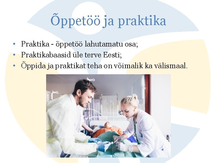 Õppetöö ja praktika • Praktika - õppetöö lahutamatu osa; • Praktikabaasid üle terve Eesti;