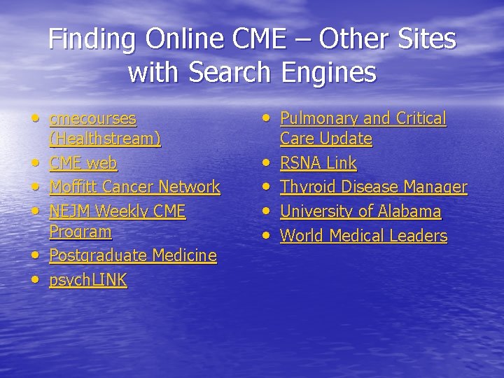 Finding Online CME – Other Sites with Search Engines • cmecourses • Pulmonary and