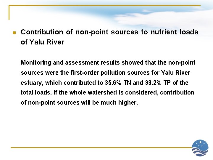 n Contribution of non-point sources to nutrient loads of Yalu River Monitoring and assessment