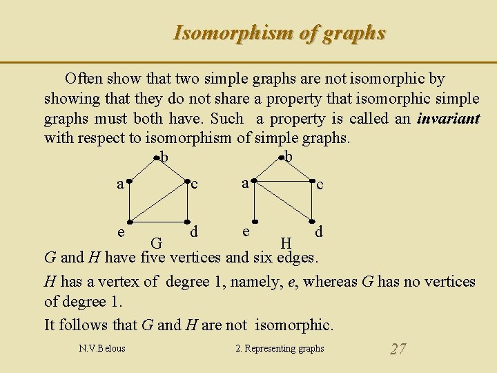 Isomorphism of graphs Often show that two simple graphs are not isomorphic by showing Isomorphism of graphs Often show that two simple graphs are not isomorphic by showing