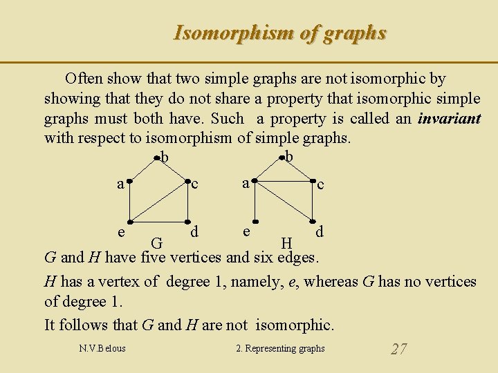 Isomorphism of graphs Often show that two simple graphs are not isomorphic by showing