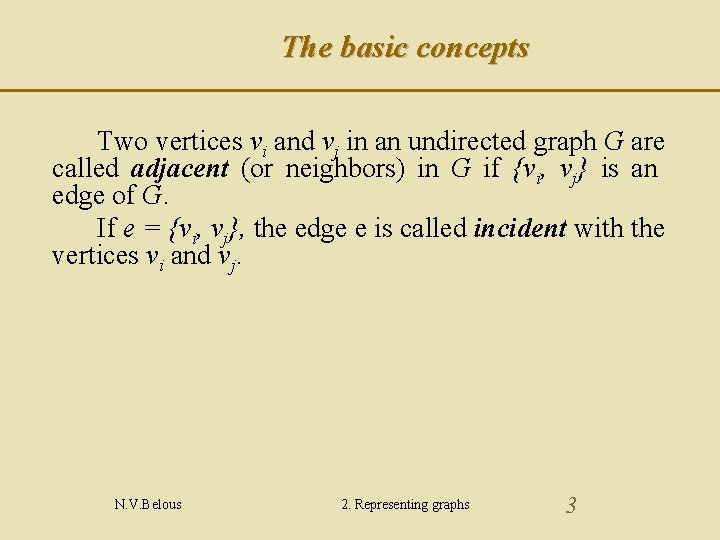 The basic concepts Two vertices vi and vj in an undirected graph G are