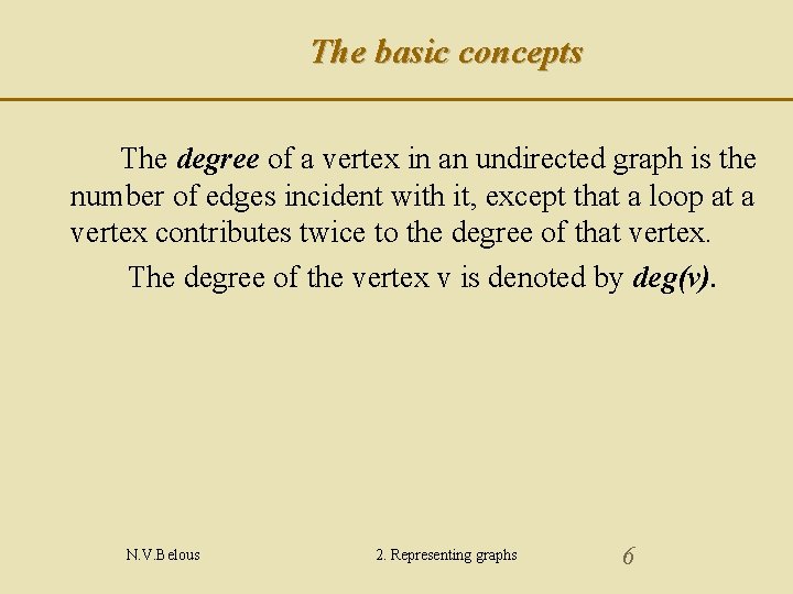 The basic concepts The degree of a vertex in an undirected graph is the