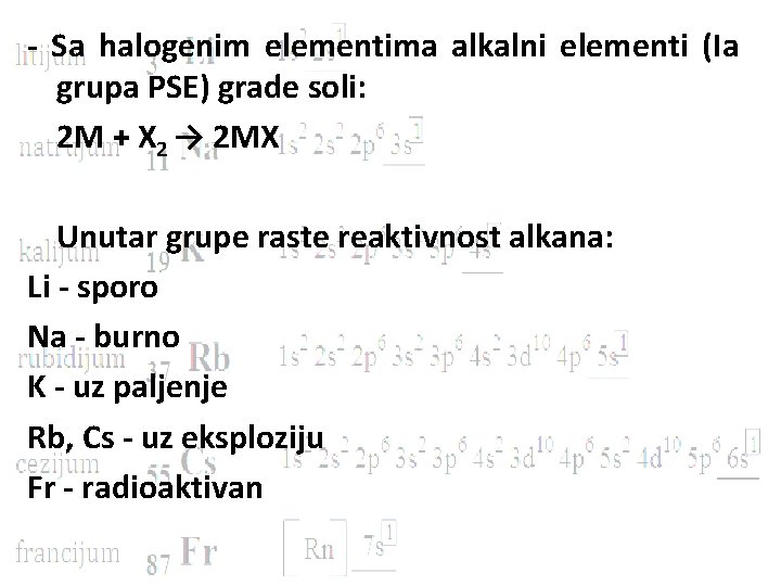 - Sa halogenim elementima alkalni elementi (Ia grupa PSE) grade soli: 2 M +