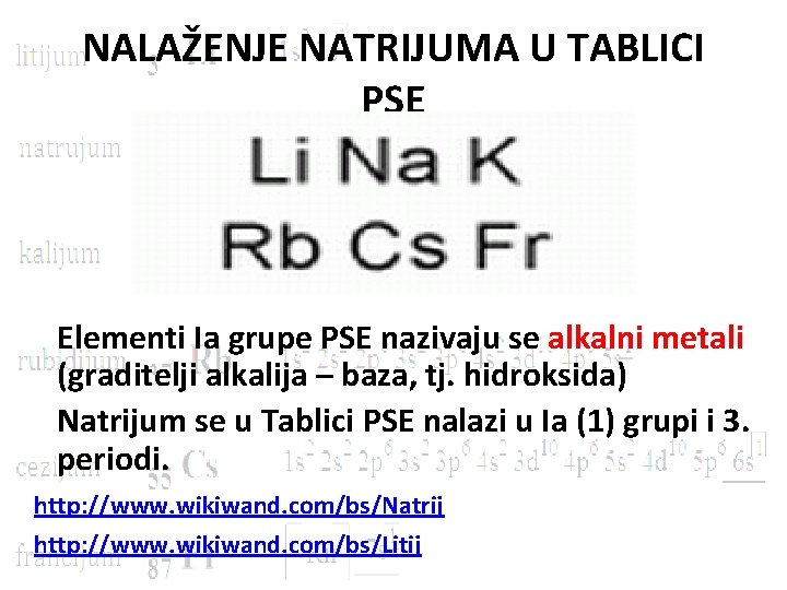 NALAŽENJE NATRIJUMA U TABLICI PSE Elementi Ia grupe PSE nazivaju se alkalni metali (graditelji