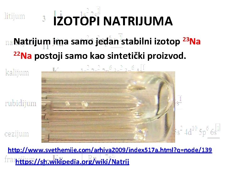 IZOTOPI NATRIJUMA Natrijum ima samo jedan stabilni izotop 23 Na 22 Na postoji samo