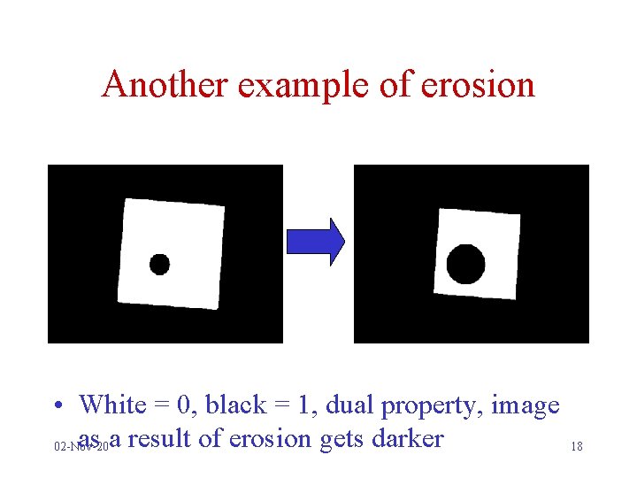 Another example of erosion • White = 0, black = 1, dual property, image