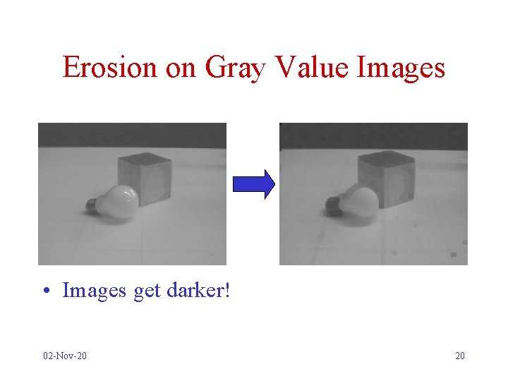 Erosion on Gray Value Images • Images get darker! 02 -Nov-20 20 