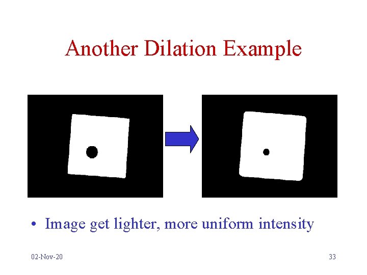 Another Dilation Example • Image get lighter, more uniform intensity 02 -Nov-20 33 