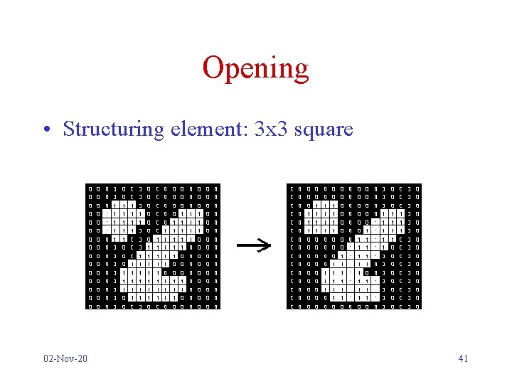 Opening • Structuring element: 3 x 3 square 02 -Nov-20 41 