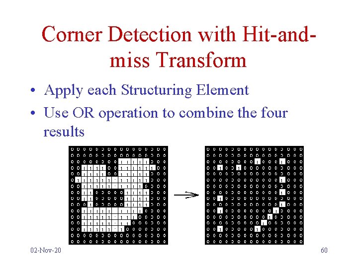 Corner Detection with Hit-andmiss Transform • Apply each Structuring Element • Use OR operation