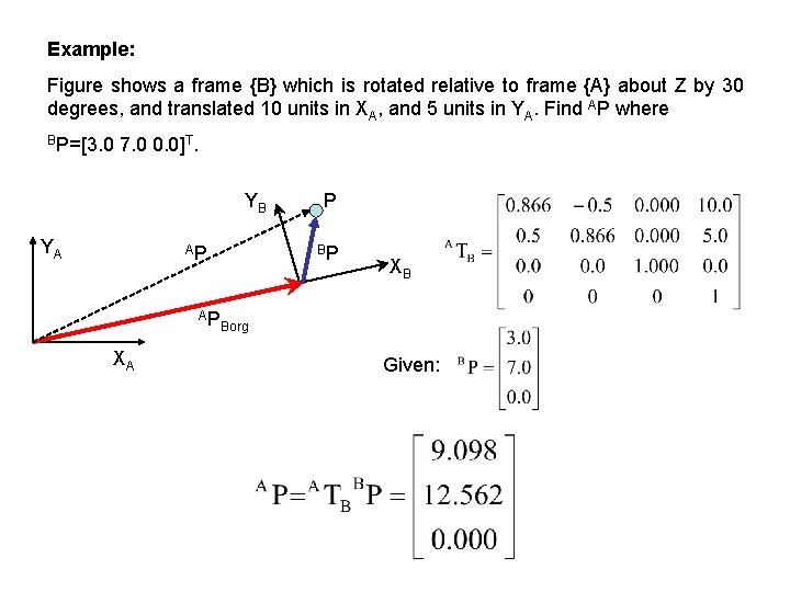 Example: Figure shows a frame {B} which is rotated relative to frame {A} about