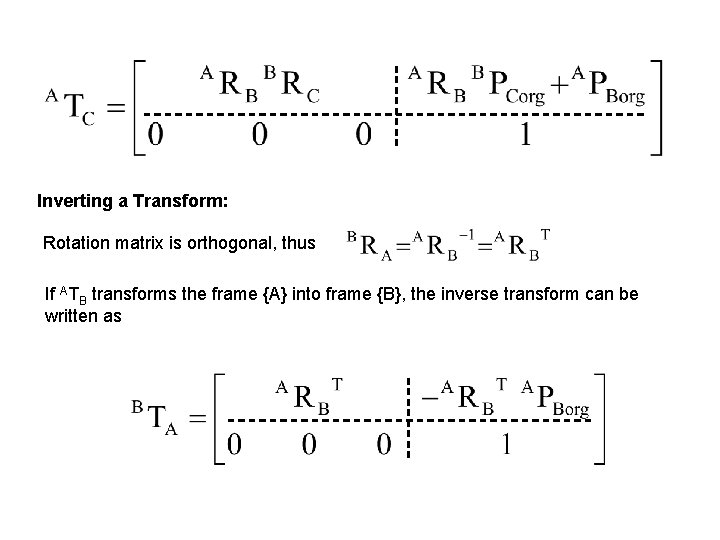Inverting a Transform: Rotation matrix is orthogonal, thus If ATB transforms the frame {A}