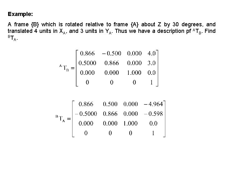 Example: A frame {B} which is rotated relative to frame {A} about Z by