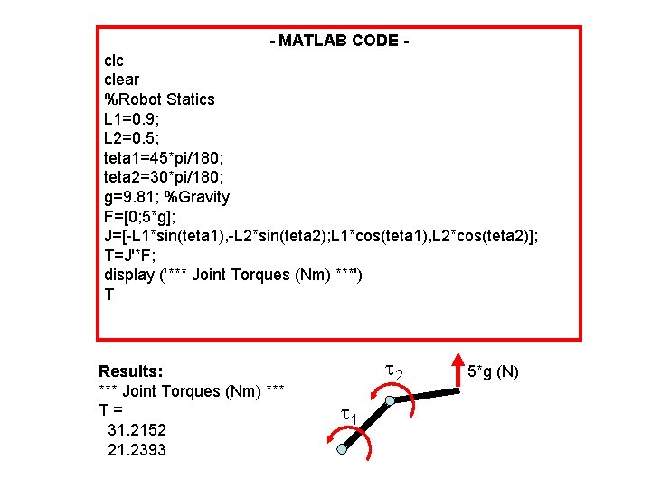 - MATLAB CODE clc clear %Robot Statics L 1=0. 9; L 2=0. 5; teta