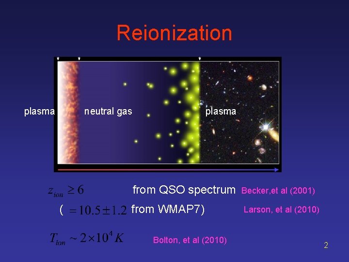 Reionization plasma neutral gas plasma from QSO spectrum ( from WMAP 7) Bolton, et