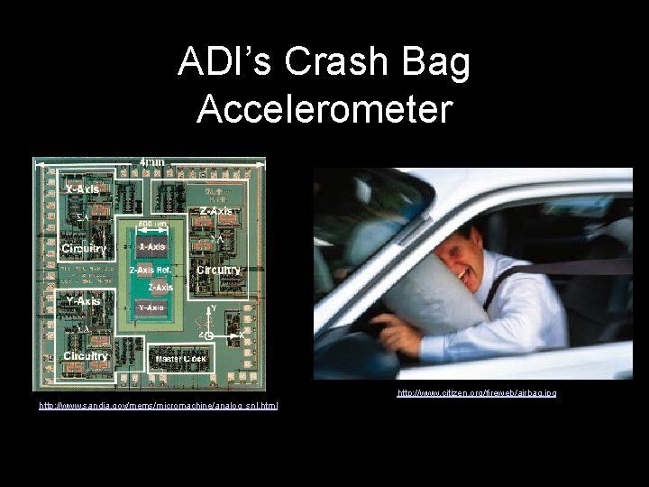 ADI’s Crash Bag Accelerometer http: //www. citizen. org/fireweb/airbag. jpg http: //www. sandia. gov/mems/micromachine/analog_snl. html