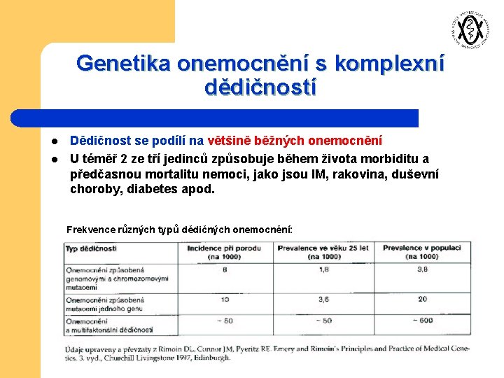 Genetika onemocnění s komplexní dědičností l l Dědičnost se podílí na většině běžných onemocnění