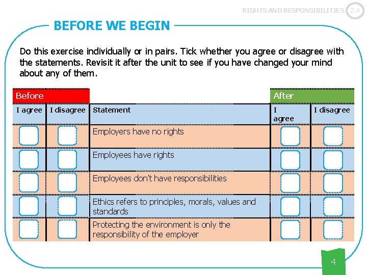 RIGHTS AND RESPONSIBILITIES BEFORE WE BEGIN Do this exercise individually or in pairs. Tick