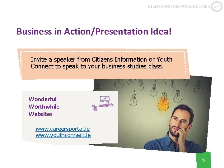 RIGHTS AND RESPONSIBILITIES Business in Action/Presentation Idea! Invite a speaker from Citizens Information or