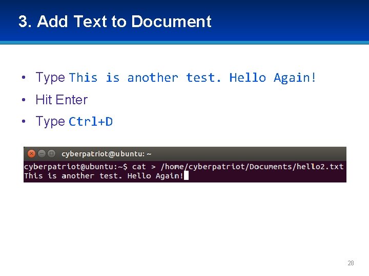 3. Add Text to Document • Type This is another test. Hello Again! •