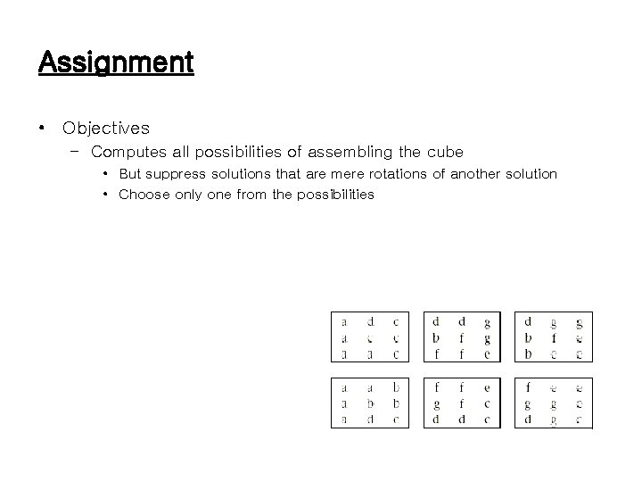 Assignment • Objectives – Computes all possibilities of assembling the cube • But suppress