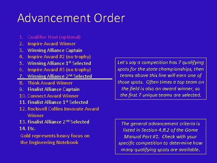 Advancement Order 1. Qualifier Host (optional) 2. Inspire Award Winner 3. Winning Alliance Captain