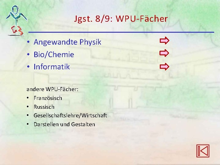 Jgst. 8/9: WPU-Fächer • Angewandte Physik • Bio/Chemie • Informatik andere WPU-Fächer: • Französisch Jgst. 8/9: WPU-Fächer • Angewandte Physik • Bio/Chemie • Informatik andere WPU-Fächer: • Französisch