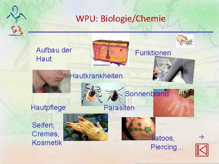 WPU: Biologie/Chemie Aufbau der Haut Funktionen Hautkrankheiten Sonnenbrand Hautpflege Seifen, Cremes, Kosmetik Parasiten Tatoos, WPU: Biologie/Chemie Aufbau der Haut Funktionen Hautkrankheiten Sonnenbrand Hautpflege Seifen, Cremes, Kosmetik Parasiten Tatoos,
