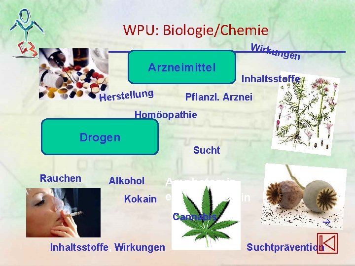 WPU: Biologie/Chemie Wirku Arzneimittel Herstellun g ngen Inhaltsstoffe Pflanzl. Arznei Homöopathie Drogen Sucht Rauchen WPU: Biologie/Chemie Wirku Arzneimittel Herstellun g ngen Inhaltsstoffe Pflanzl. Arznei Homöopathie Drogen Sucht Rauchen